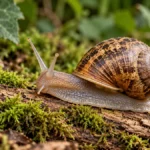 Brown snail with a patterned spiral shell crawling across a moss-covered log surrounded by green foliage.