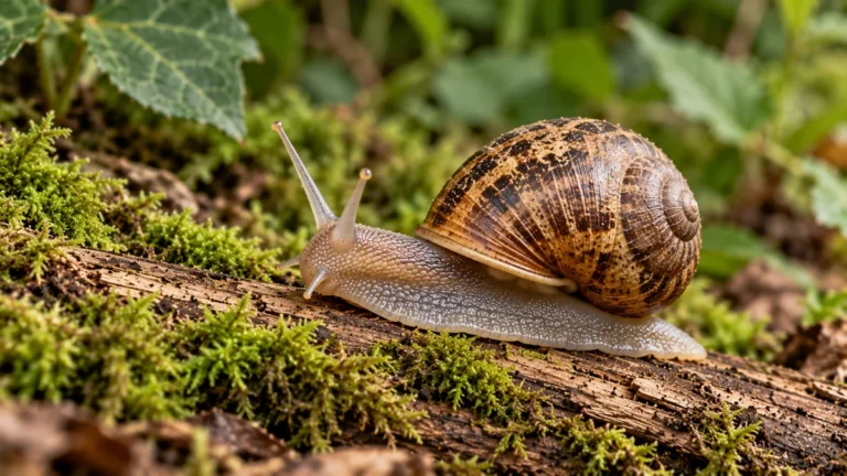 Brown snail with a patterned spiral shell crawling across a moss-covered log surrounded by green foliage.