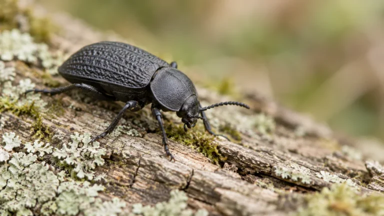 Dark beetle walking across lichen-covered bark